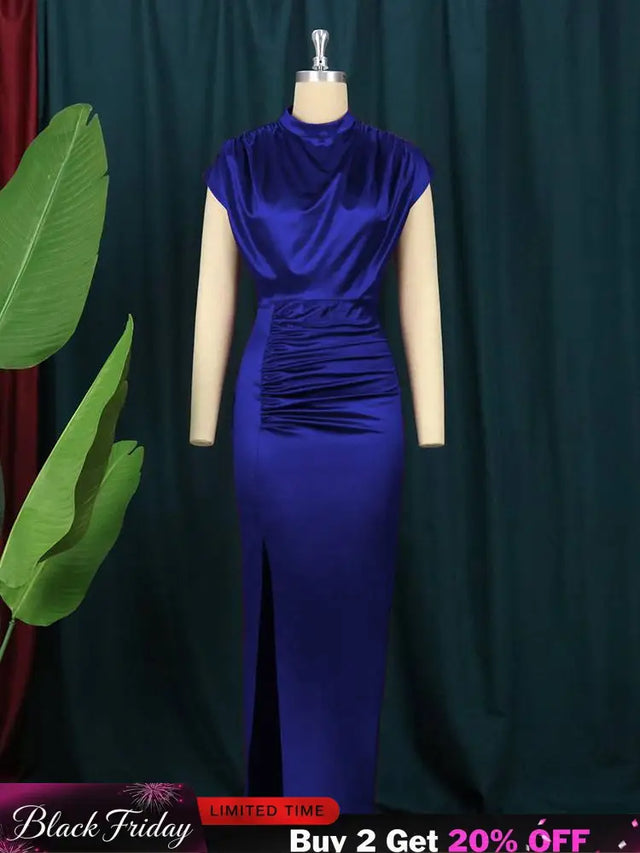 Navy Blue Ruched Long Dress