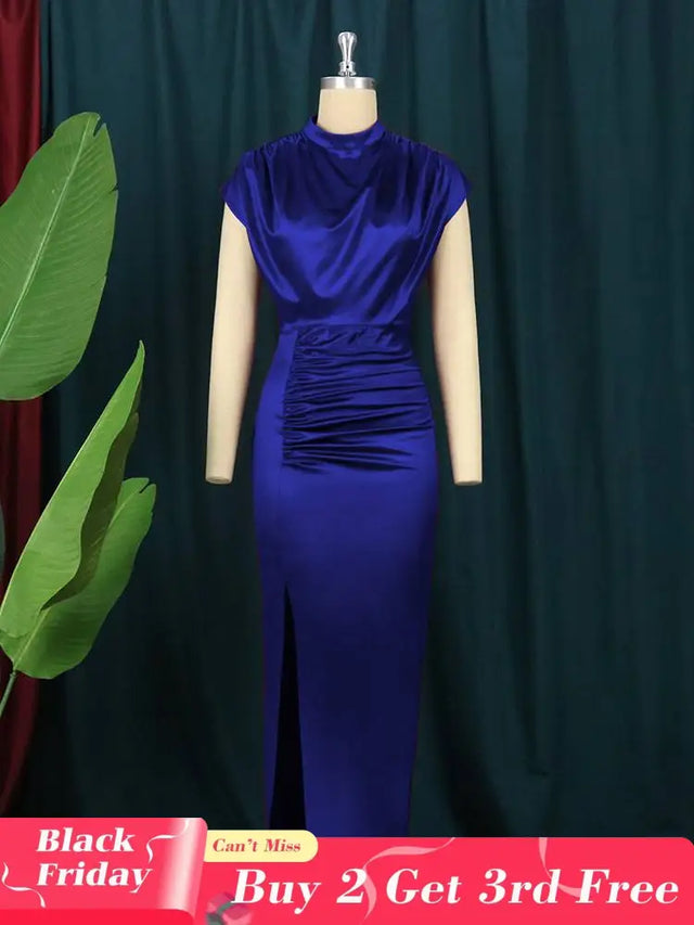 Navy Blue Ruched Long Dress