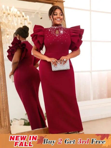 AOMEIDRESS Bodycon Maxi Dress Mock Neck Nail Bead Ruffle Short Sleeve Wine / S