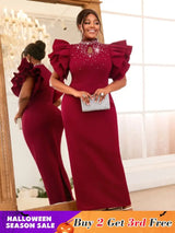 AOMEIDRESS Bodycon Maxi Dress Mock Neck Nail Bead Ruffle Short Sleeve Wine / S