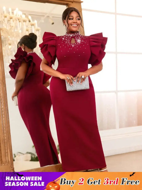 AOMEIDRESS Bodycon Maxi Dress Mock Neck Nail Bead Ruffle Short Sleeve Wine / S