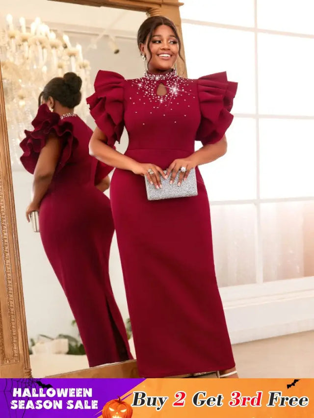 AOMEIDRESS Bodycon Maxi Dress Mock Neck Nail Bead Ruffle Short Sleeve Wine / S