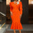 AOMEIDRESS Bodycon Mermaid Dress V Neck Embroidered Puff Sleeve Party Orange / S