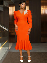 AOMEIDRESS Bodycon Mermaid Dress V Neck Embroidered Puff Sleeve Party Orange / S