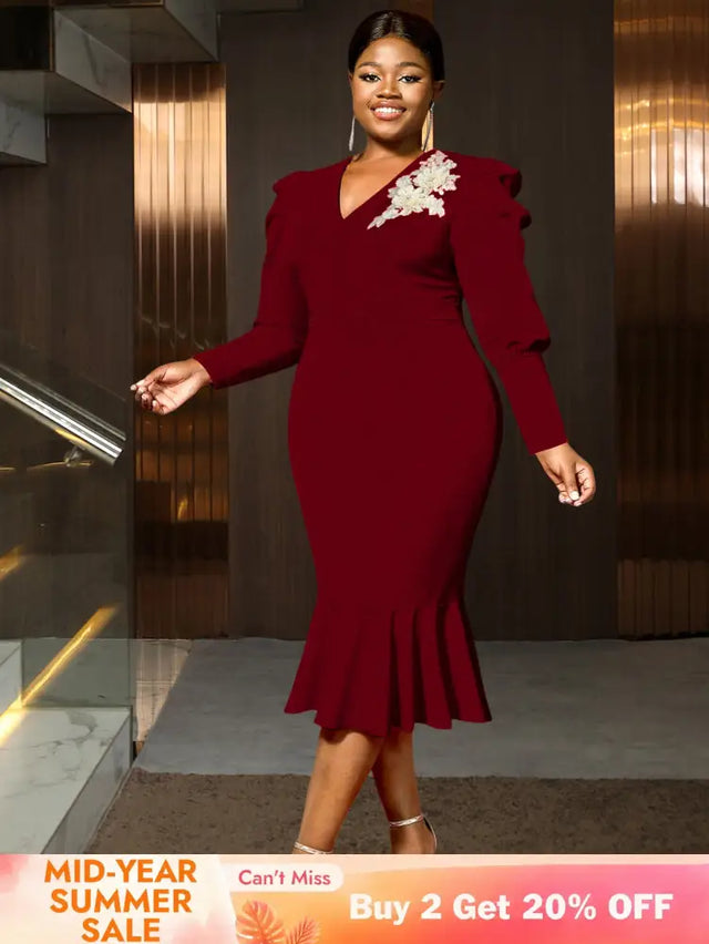 AOMEIDRESS Bodycon Mermaid Dress V Neck Embroidered Puff Sleeve Party Wine / S