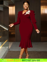 AOMEIDRESS Bodycon Mermaid Dress V Neck Embroidered Puff Sleeve Party Wine / S