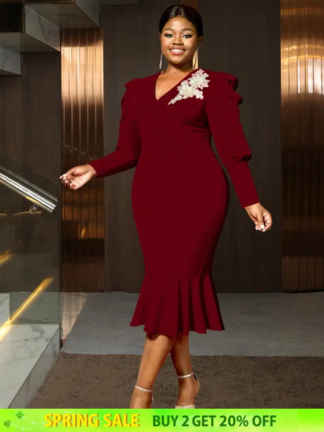 AOMEIDRESS Bodycon Mermaid Dress V Neck Embroidered Puff Sleeve Party Wine / S