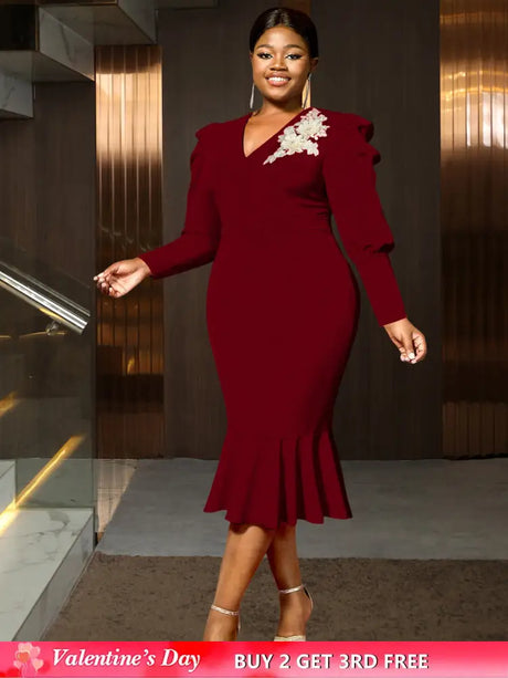 AOMEIDRESS Bodycon Mermaid Dress V Neck Embroidered Puff Sleeve Party Wine / S