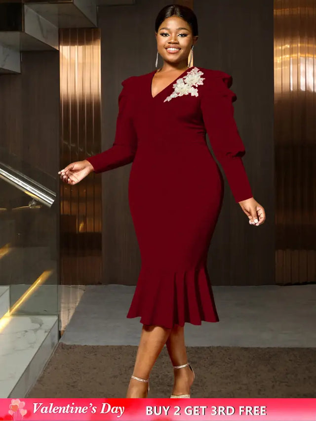 AOMEIDRESS Bodycon Mermaid Dress V Neck Embroidered Puff Sleeve Party Wine / S