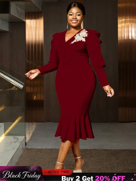 AOMEIDRESS Bodycon Mermaid Dress V Neck Embroidered Puff Sleeve Party Wine / S