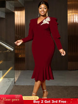 AOMEIDRESS Bodycon Mermaid Dress V Neck Embroidered Puff Sleeve Party Wine / S