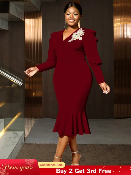 AOMEIDRESS Bodycon Mermaid Dress V Neck Embroidered Puff Sleeve Party Wine / S