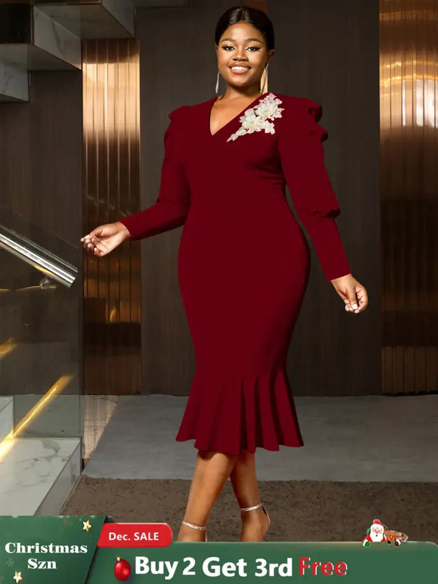 AOMEIDRESS Bodycon Mermaid Dress V Neck Embroidered Puff Sleeve Party Wine / S