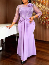 AOMEIDRESS Bodycon Mermaid Dresses O Neck Sheer 3/4 Sleeve 3D Flower