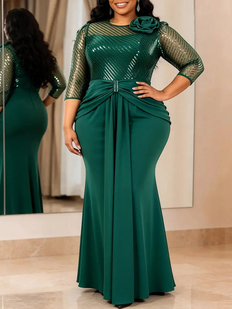 AOMEIDRESS Bodycon Mermaid Dresses O Neck Sheer 3/4 Sleeve 3D Flower - Green / L