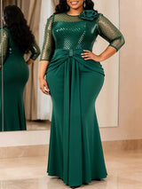 AOMEIDRESS Bodycon Mermaid Dresses O Neck Sheer 3/4 Sleeve 3D Flower - Green / L