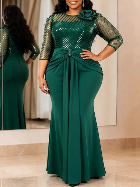 AOMEIDRESS Bodycon Mermaid Dresses O Neck Sheer 3/4 Sleeve 3D Flower - Green / L