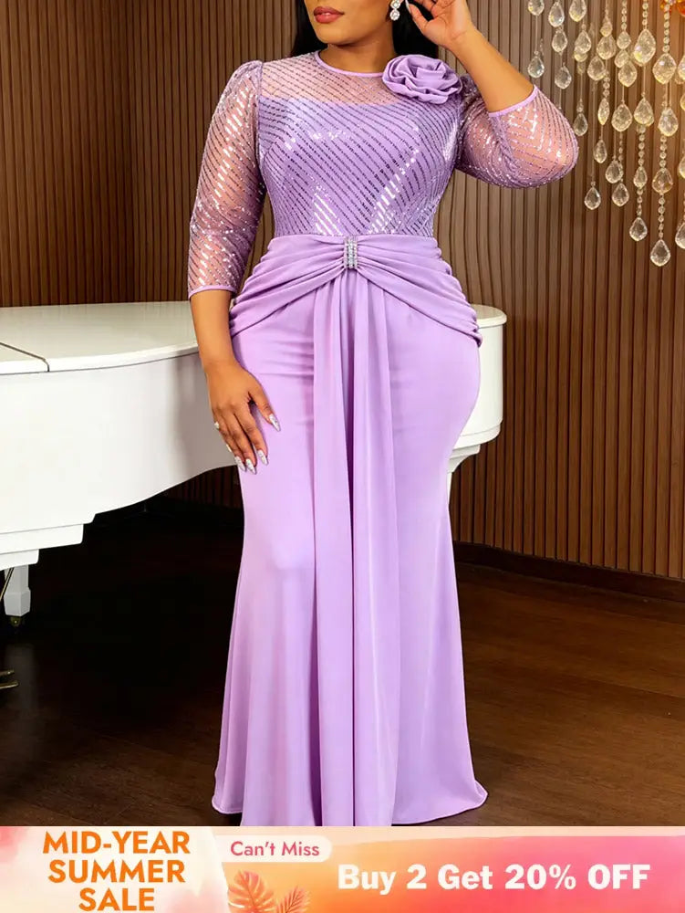 AOMEIDRESS Bodycon Mermaid Dresses O Neck Sheer 3/4 Sleeve 3D Flower - Lavender / L