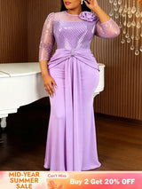 AOMEIDRESS Bodycon Mermaid Dresses O Neck Sheer 3/4 Sleeve 3D Flower - Lavender / L