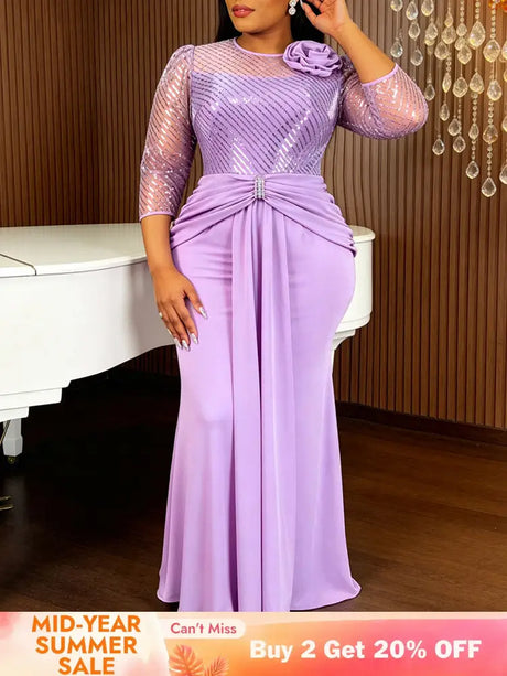 AOMEIDRESS Bodycon Mermaid Dresses O Neck Sheer 3/4 Sleeve 3D Flower - Lavender / L
