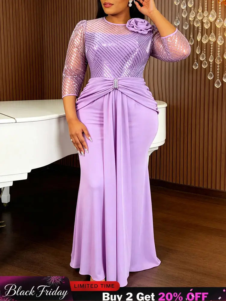 AOMEIDRESS Bodycon Mermaid Dresses O Neck Sheer 3/4 Sleeve 3D Flower - Lavender / L
