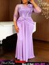 AOMEIDRESS Bodycon Mermaid Dresses O Neck Sheer 3/4 Sleeve 3D Flower - Lavender / L