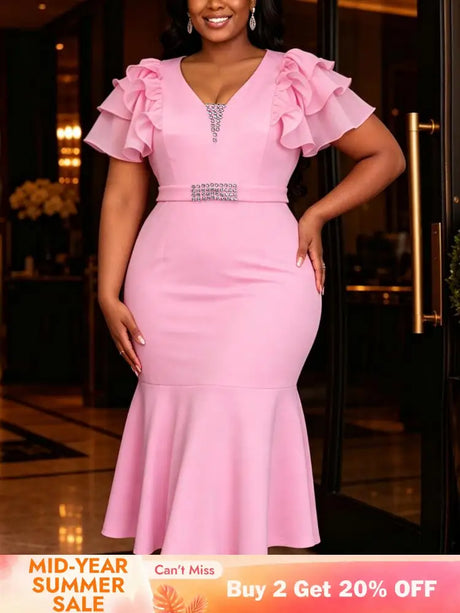 AOMEIDRESS Bodycon Mermaid Midi Dress V Neck Ruffle Sleeve Rhinestone