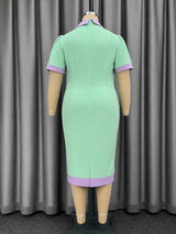 AOMEIDRESS Bodycon Midi Dress Color Block Short Sleeve V Neck Office