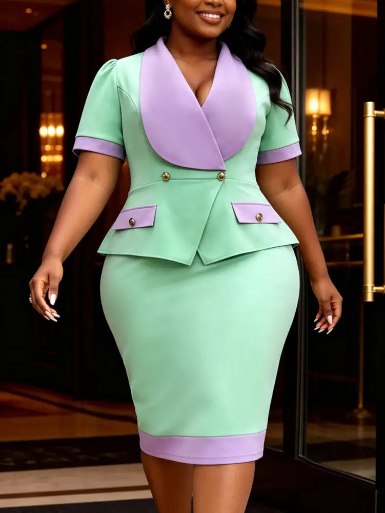 AOMEIDRESS Bodycon Midi Dress Color Block Short Sleeve V Neck Office