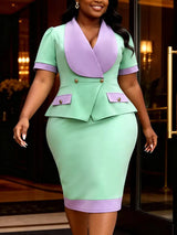 AOMEIDRESS Bodycon Midi Dress Color Block Short Sleeve V Neck Office