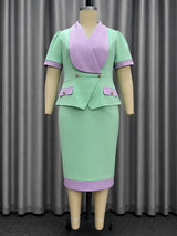 AOMEIDRESS Bodycon Midi Dress Color Block Short Sleeve V Neck Office
