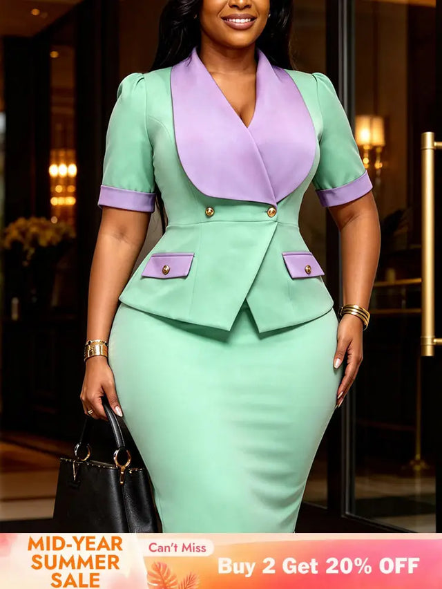 AOMEIDRESS Bodycon Midi Dress Color Block Short Sleeve V Neck Office - MintGreen / L