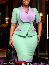 AOMEIDRESS Bodycon Midi Dress Color Block Short Sleeve V Neck Office - MintGreen / L