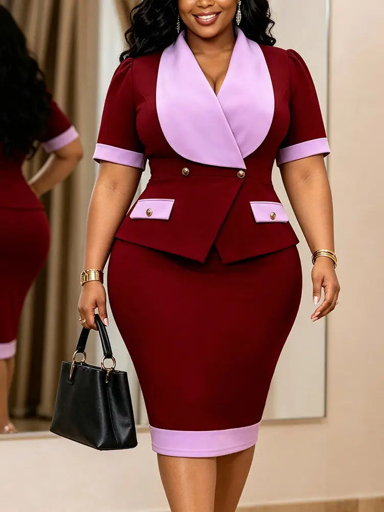 AOMEIDRESS Bodycon Midi Dress Color Block Short Sleeve V Neck Office - Wine / L