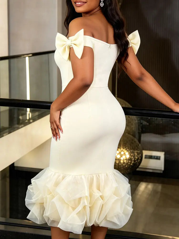 AOMEIDRESS Bodycon Midi Dress Off Shoulder Bow Mesh Patchwork Folds
