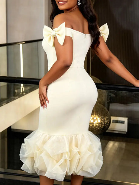 AOMEIDRESS Bodycon Midi Dress Off Shoulder Bow Mesh Patchwork Folds