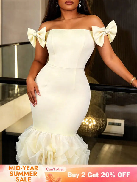 AOMEIDRESS Bodycon Midi Dress Off Shoulder Bow Mesh Patchwork Folds - Apricot / S