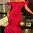 AOMEIDRESS Bodycon Midi Dress Off Shoulder Bow Mesh Patchwork Folds - Red / S