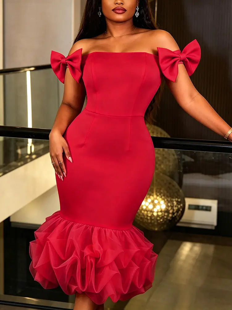 AOMEIDRESS Bodycon Midi Dress Off Shoulder Bow Mesh Patchwork Folds - Red / S