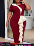 AOMEIDRESS Bodycon Midi Dresses Contrast Ruffle Short Sleeve V Neck - Wine / S