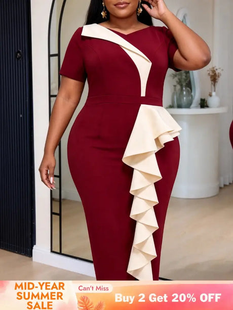 AOMEIDRESS Bodycon Midi Dresses Contrast Ruffle Short Sleeve V Neck - Wine / S