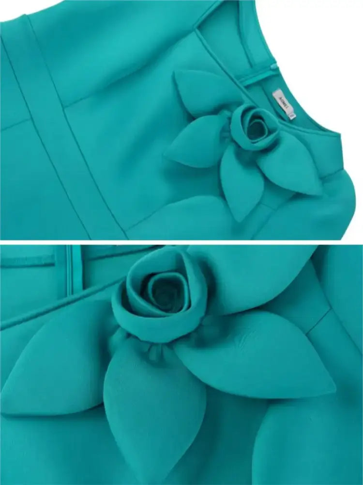 AOMEIDRESS Bodycon Midi Dresses Irregular Neck 3D Flower Short Sleeve