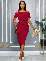 AOMEIDRESS Bodycon Off Shoulder Dress With Pleats For Wedding Guest DarkRed / S