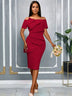 AOMEIDRESS Bodycon Off Shoulder Dress With Pleats For Wedding Guest DarkRed / S