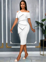 AOMEIDRESS Bodycon Off Shoulder Dress With Pleats For Wedding Guest White / S