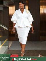 AOMEIDRESS Bodycon Party Two Piece Set V Neck Puff Sleeve Peplum Hem White / S