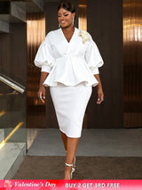 AOMEIDRESS Bodycon Party Two Piece Set V Neck Puff Sleeve Peplum Hem White / S