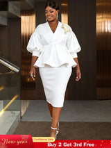 AOMEIDRESS Bodycon Party Two Piece Set V Neck Puff Sleeve Peplum Hem White / S