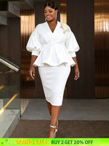 AOMEIDRESS Bodycon Party Two Piece Set V Neck Puff Sleeve Peplum Hem White / S