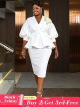 AOMEIDRESS Bodycon Party Two Piece Set V Neck Puff Sleeve Peplum Hem White / S